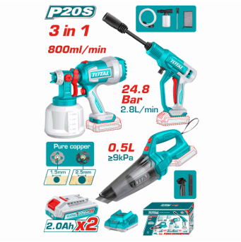 Combo Aspiradora + Hidrolavadora + Pistola Pintura 20V TOTAL